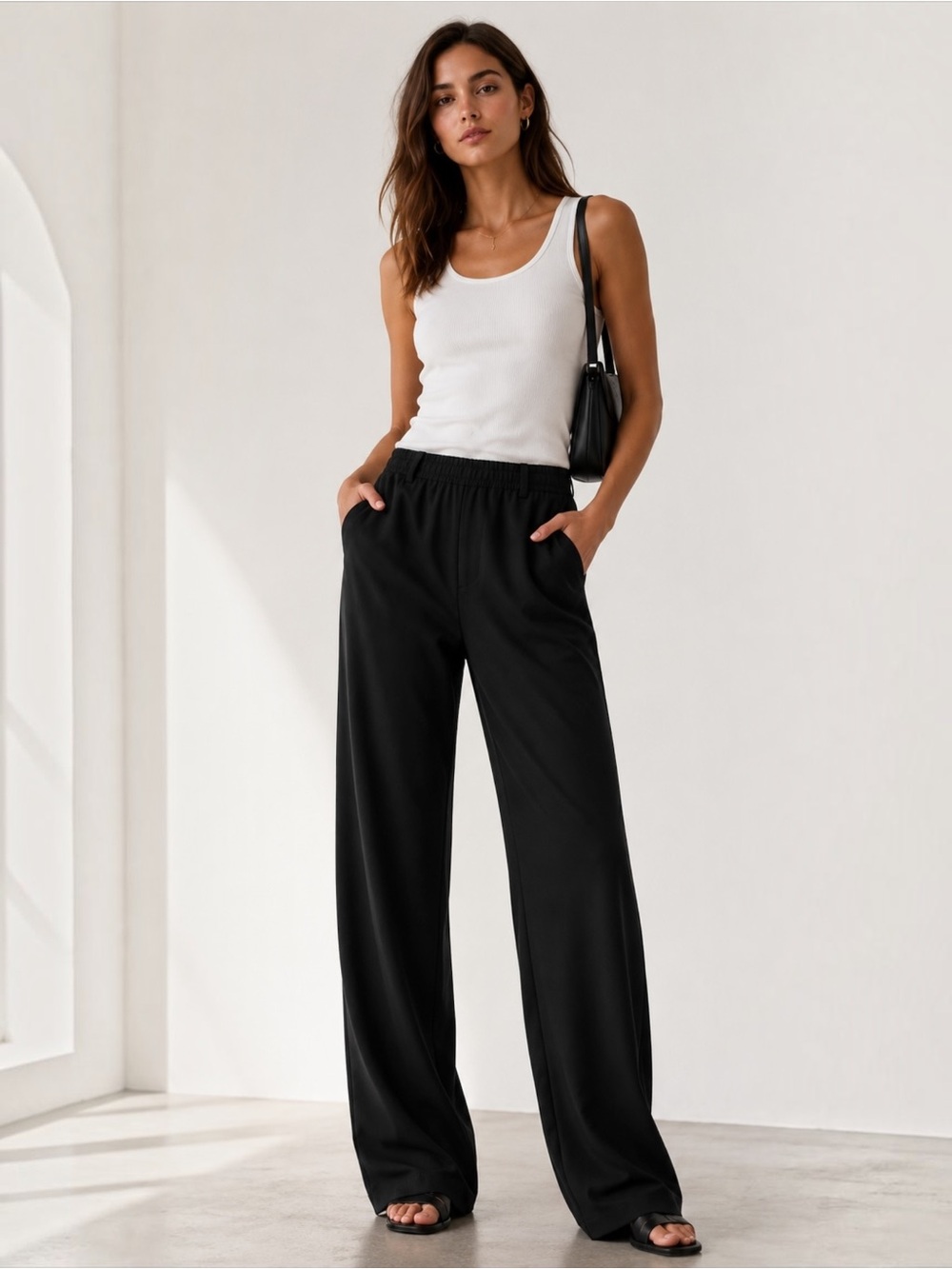 AYA MUSE Black Viscose Pull On Wide Straight Leg Trousers Pants Size S